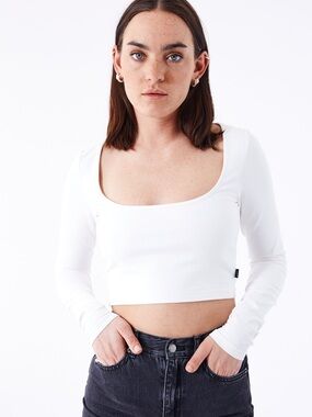 Dr. Denim White Long-Sleeve Square-Neck Crop Top